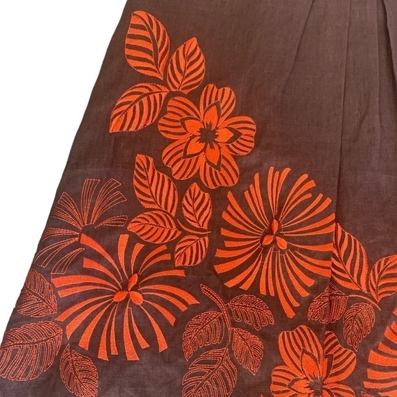 Precis Petite Linen Brown Orange Floral Embroidered Pleated A-Line Skirt Size 14 - Picture 4 of 11